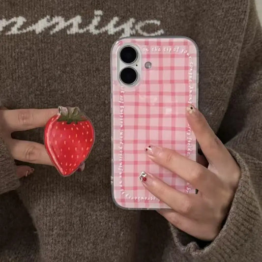 🍓 Pink Checkered Picnic Phone Case 💖 | Cute Girly Samsung Cover + Strawberry PopSocket 🌸📱