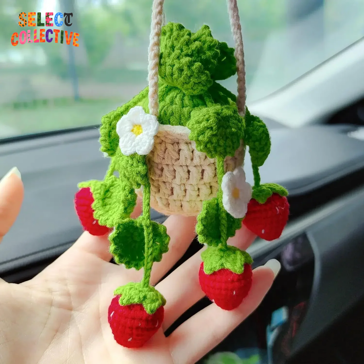 ππΏ Crochet Strawberry Car Plant Buddy β Hanging Basket Ornament for Rearview Mirror β¨ Cute Car Charm Decor