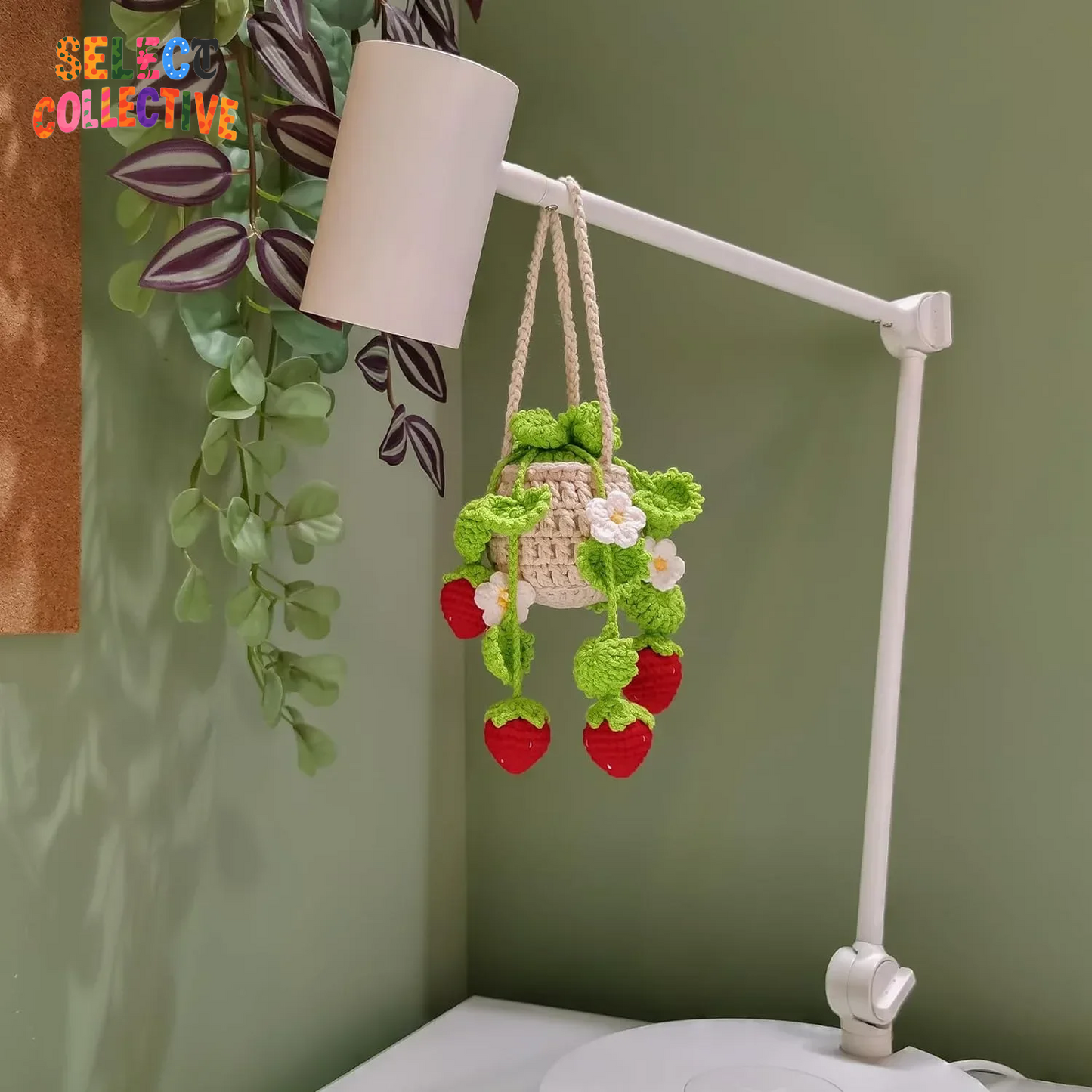 ππΏ Crochet Strawberry Car Plant Buddy β Hanging Basket Ornament for Rearview Mirror β¨ Cute Car Charm Decor