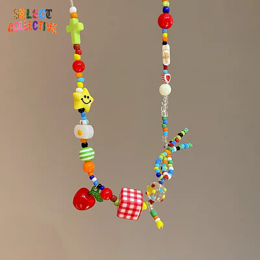 🌈🍓Cartoon Fruit Beaded Choker – Colorful Y2K Bow Necklace ✧ Egirl Emo Vintage 2000s Jewelry 💖⚡
