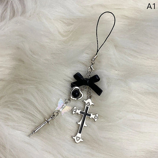 🔮 Gothic Heart & Cross Phone Charm 📱 | Witchy Occult Keychain Strap 🌙 | Dark Aesthetic for Bags, Keys & Purses 🕸️