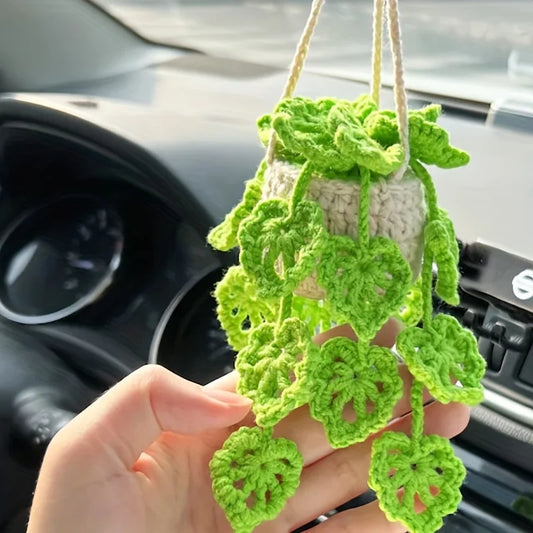 🌱 Cute Handmade Crochet Potted Plant Car Charm 🌸 | Knitted Rear View Mirror Hanging Accessory 🚗💚