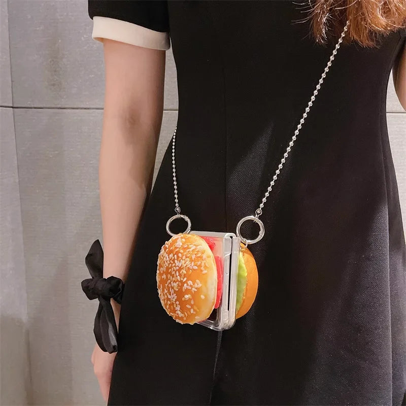 Snack Attack Style 🍔🔥 | Lifelike Hamburger Galaxy Z Flip Case with Chain Strap