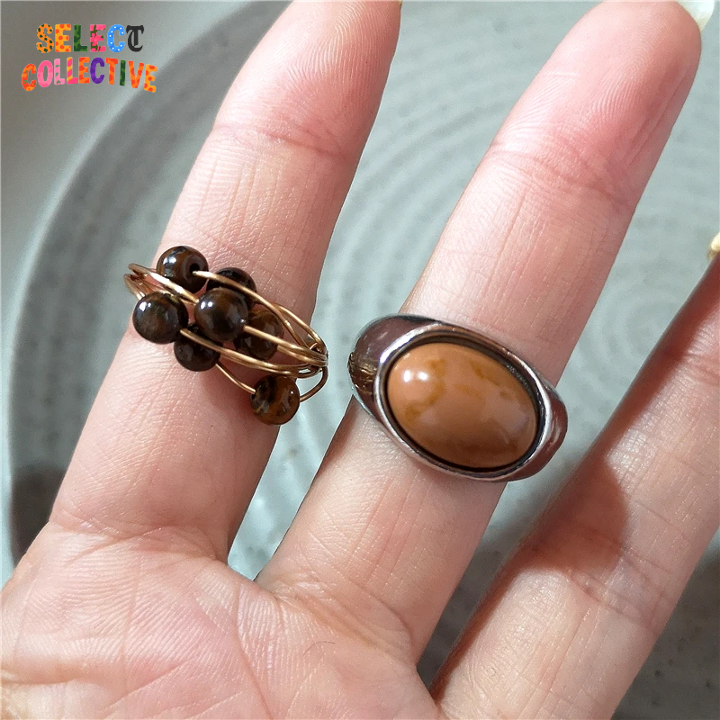 💎🌿 Vintage Tiger Eye Stone Ring – Irregular Silver Open Band ✨ Timeless Gemstone Jewelry for Women