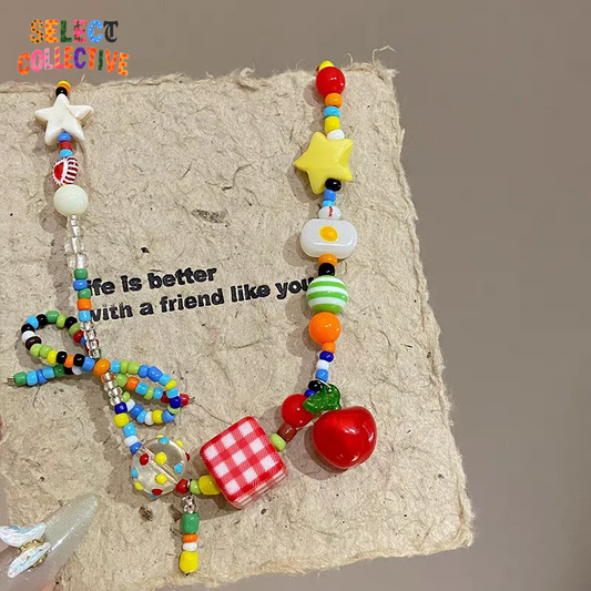 🌈🍓Cartoon Fruit Beaded Choker – Colorful Y2K Bow Necklace ✧ Egirl Emo Vintage 2000s Jewelry 💖⚡