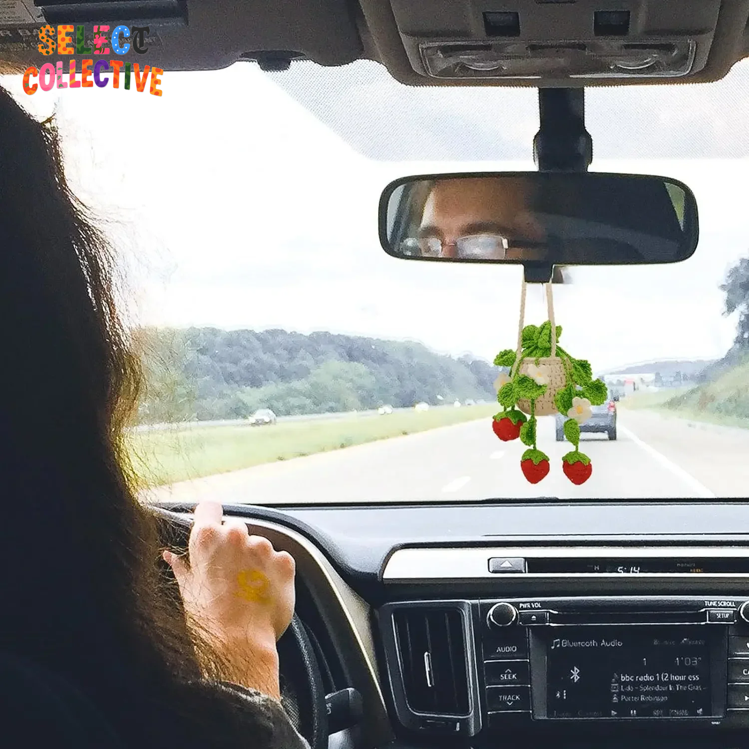 🍓🌿 Crochet Strawberry Car Plant Buddy – Hanging Basket Ornament for Rearview Mirror ✨ Cute Car Charm Decor
