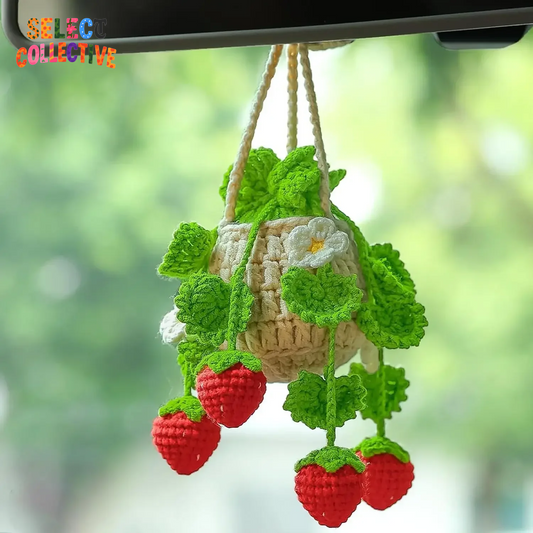 🍓🌿 Crochet Strawberry Car Plant Buddy – Hanging Basket Ornament for Rearview Mirror ✨ Cute Car Charm Decor
