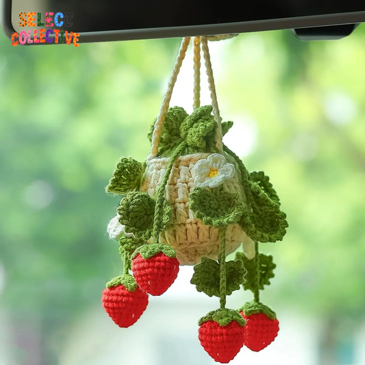 🍓🌿 Crochet Strawberry Car Plant Buddy – Hanging Basket Ornament for Rearview Mirror ✨ Cute Car Charm Decor