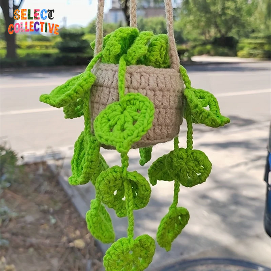 🌱 Cute Handmade Crochet Potted Plant Car Charm 🌸 | Knitted Rear View Mirror Hanging Accessory 🚗💚