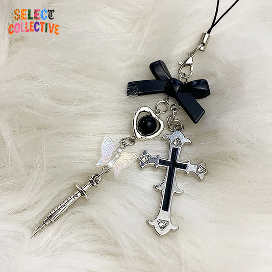 🔮 Gothic Heart & Cross Phone Charm 📱 | Witchy Occult Keychain Strap 🌙 | Dark Aesthetic for Bags, Keys & Purses 🕸️