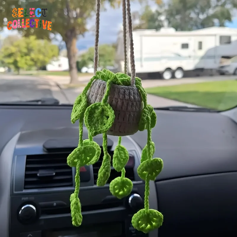 🌱 Cute Handmade Crochet Potted Plant Car Charm 🌸 | Knitted Rear View Mirror Hanging Accessory 🚗💚